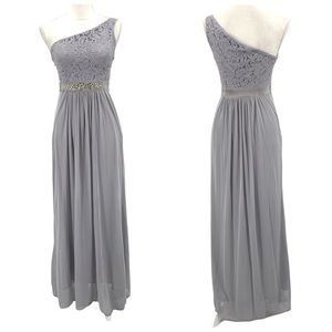 Adrianna Papell Lace One Shoulder Jeweled Belt Sheath Evening Gown Gray Size 4